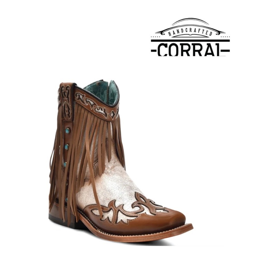 NEW Corral Fringe Western Ankle Booties Brown Cream Turquoise‎ Square Toe 7.5